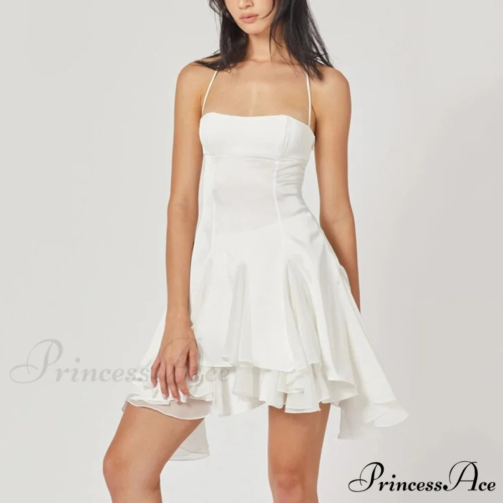 V Neck Chest Wrapping Spaghetti Strap Dresses White / L