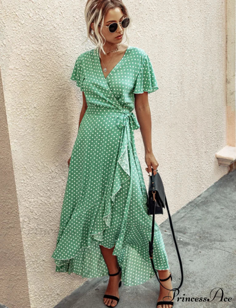 V-Neck Coastal Vacation Dot Polka Short-Sleeved Warm-Season Ruffle for Gown Women L / GREEN
