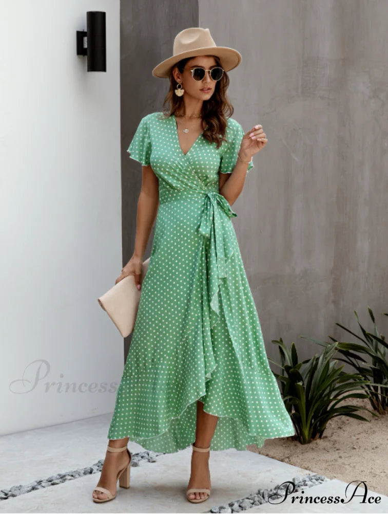 V-Neck Coastal Vacation Dot Polka Short-Sleeved Warm-Season Ruffle for Gown Women L / YELLOW
