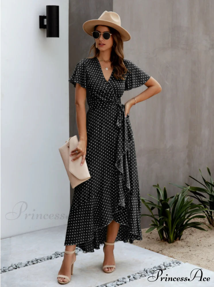 V-Neck Coastal Vacation Dot Polka Short-Sleeved Warm-Season Ruffle for Gown Women M / BLACK