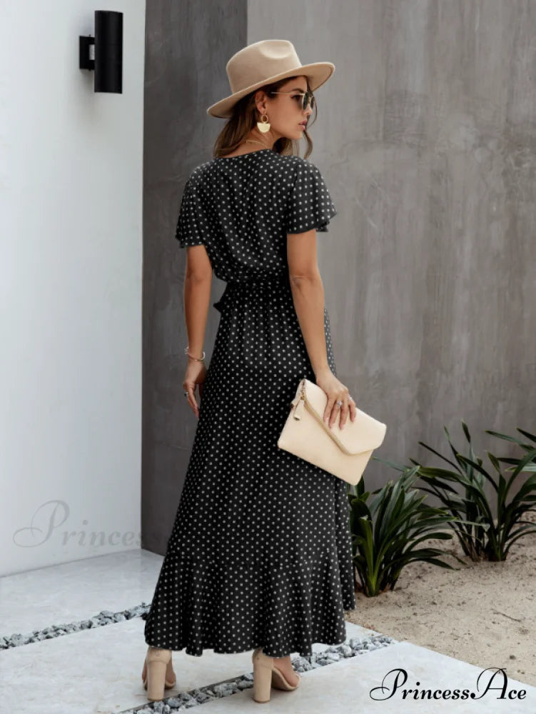 V-Neck Coastal Vacation Dot Polka Short-Sleeved Warm-Season Ruffle for Gown Women M / GREEN