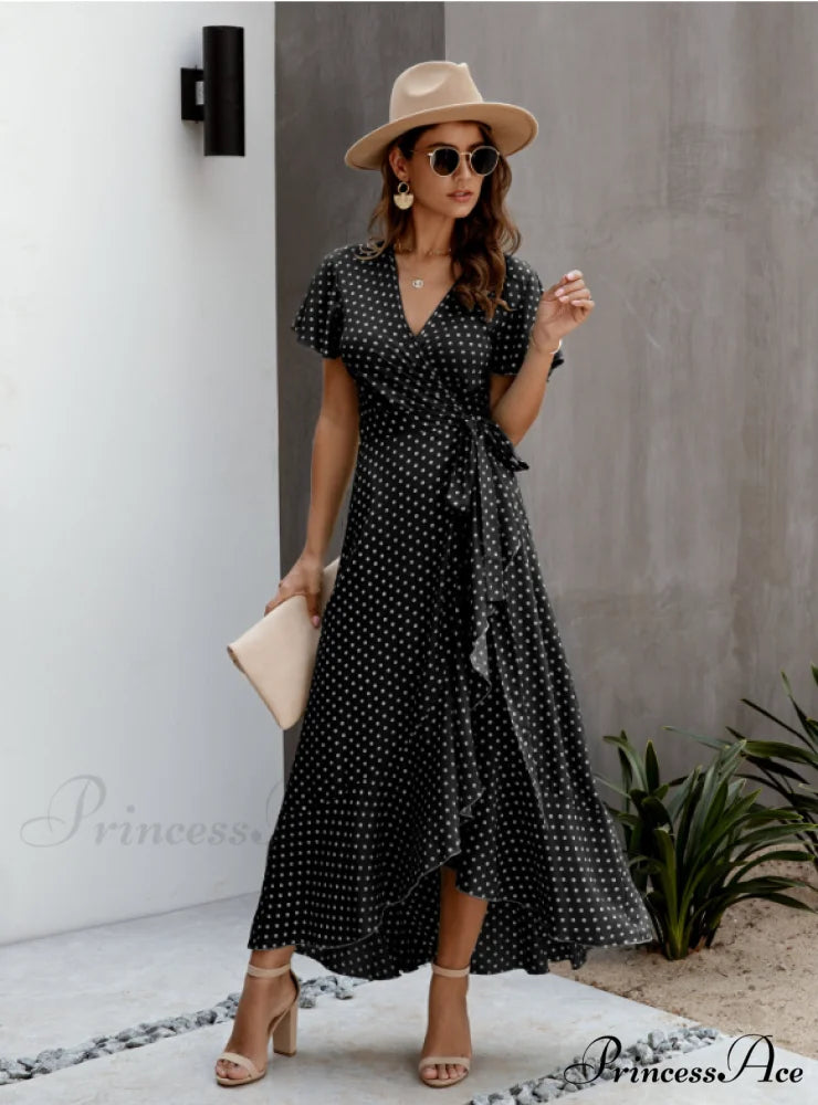 V-Neck Coastal Vacation Dot Polka Short-Sleeved Warm-Season Ruffle for Gown Women S / BLACK