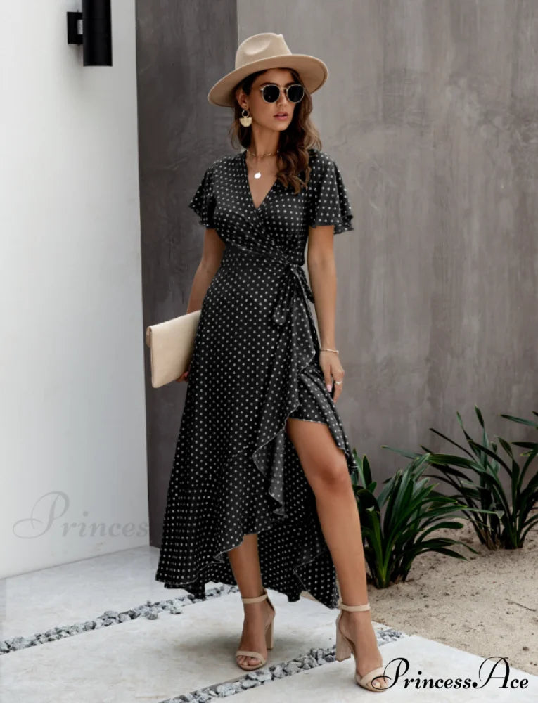 V-Neck Coastal Vacation Dot Polka Short-Sleeved Warm-Season Ruffle for Gown Women S / YELLOW