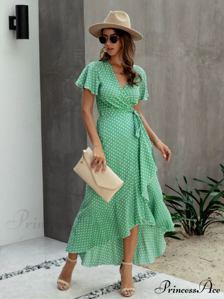 V-Neck Coastal Vacation Dot Polka Short-Sleeved Warm-Season Ruffle for Gown Women XL / BLACK