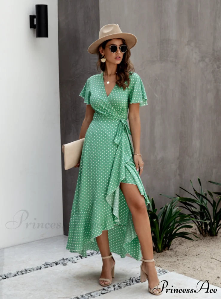 V-Neck Coastal Vacation Dot Polka Short-Sleeved Warm-Season Ruffle for Gown Women XL / GREEN