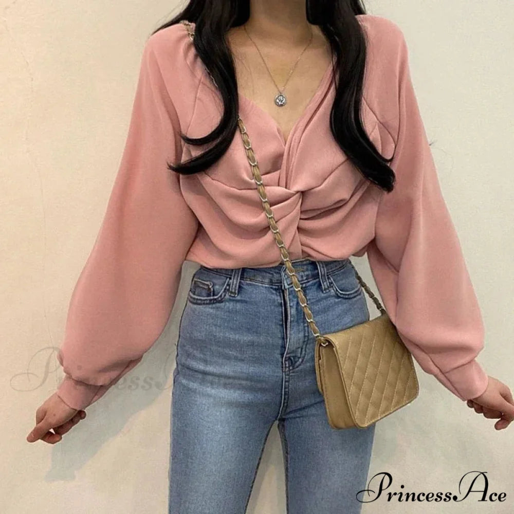 V-neck Coiled Lantern Sleeve Solid Informal Blouse blouse-250126