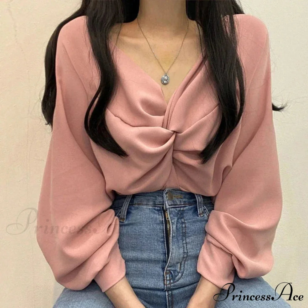 V-neck Coiled Lantern Sleeve Solid Informal Blouse blouse-250126
