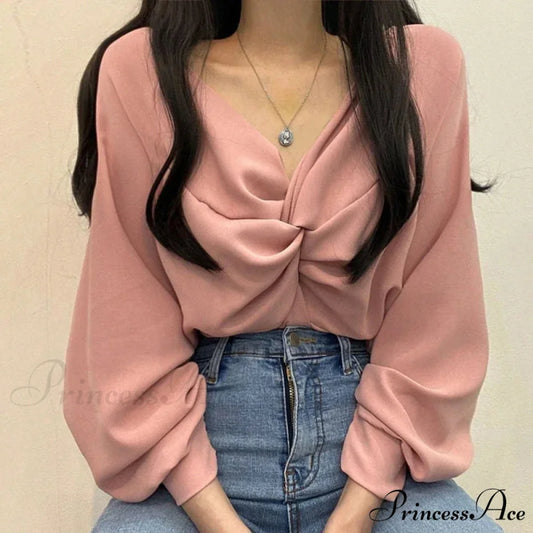 V-neck Coiled Lantern Sleeve Solid Informal Blouse blouse-250126