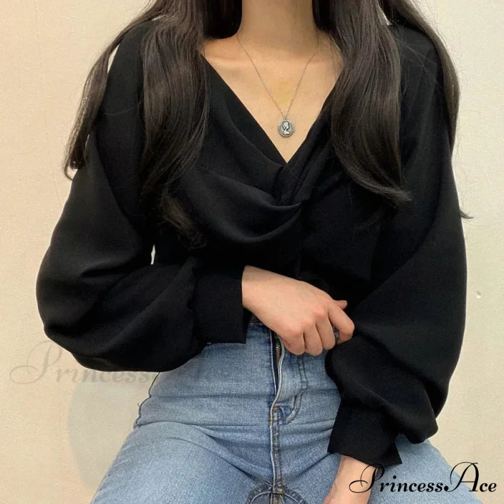 V-neck Coiled Lantern Sleeve Solid Informal Blouse blouse-250126