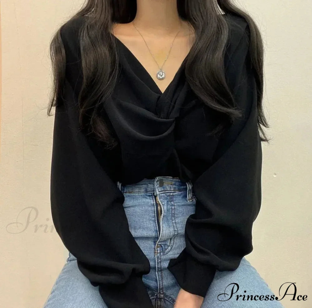 V-neck Coiled Lantern Sleeve Solid Informal Blouse Black / One Size blouse-250126