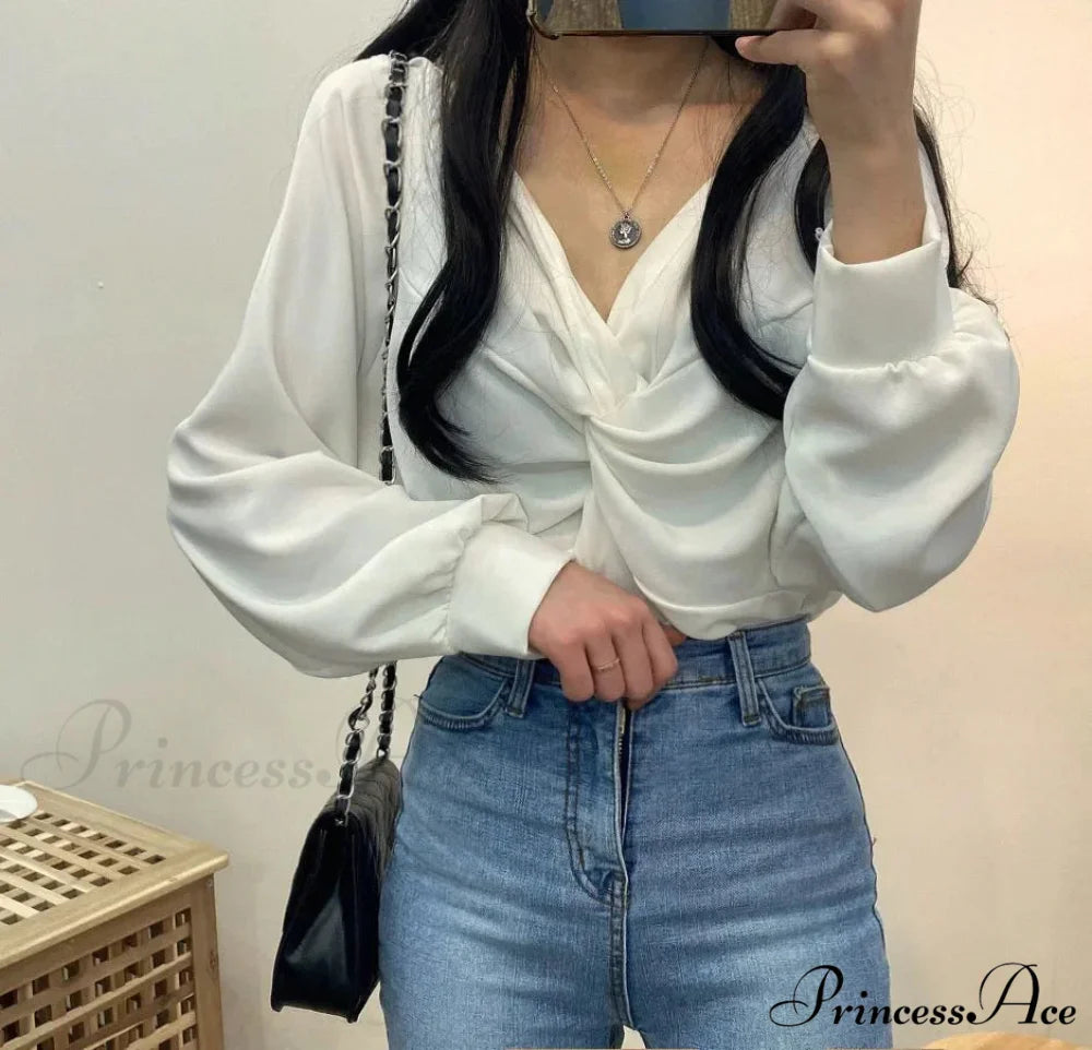 V-neck Coiled Lantern Sleeve Solid Informal Blouse WHITE / One Size blouse-250126