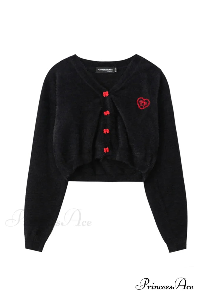 V Neck Color Solid Cardigan Black / S