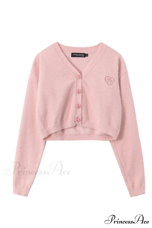 V Neck Color Solid Cardigan Pink / S