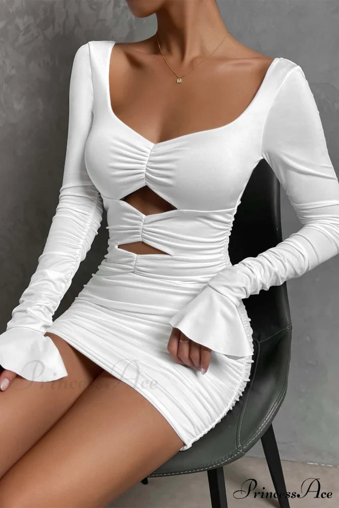 V Neck Cutout Bell Sleeve Pleated Dress