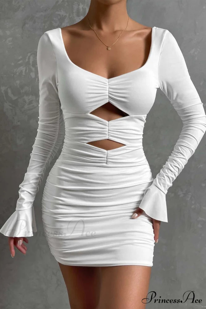 V Neck Cutout Bell Sleeve Pleated Dress White / S