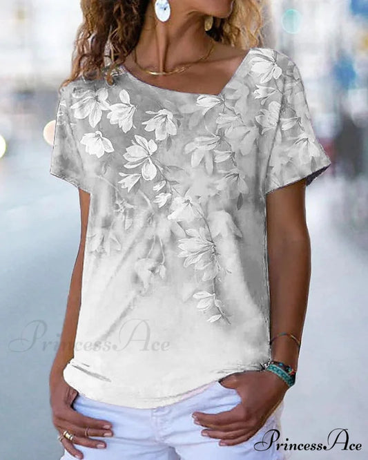V-neck Design Flowered T-shirt