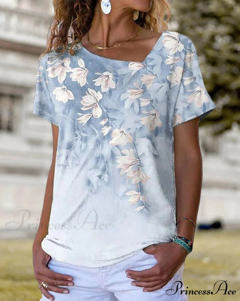 V-neck Design Flowered T-shirt Blue / S