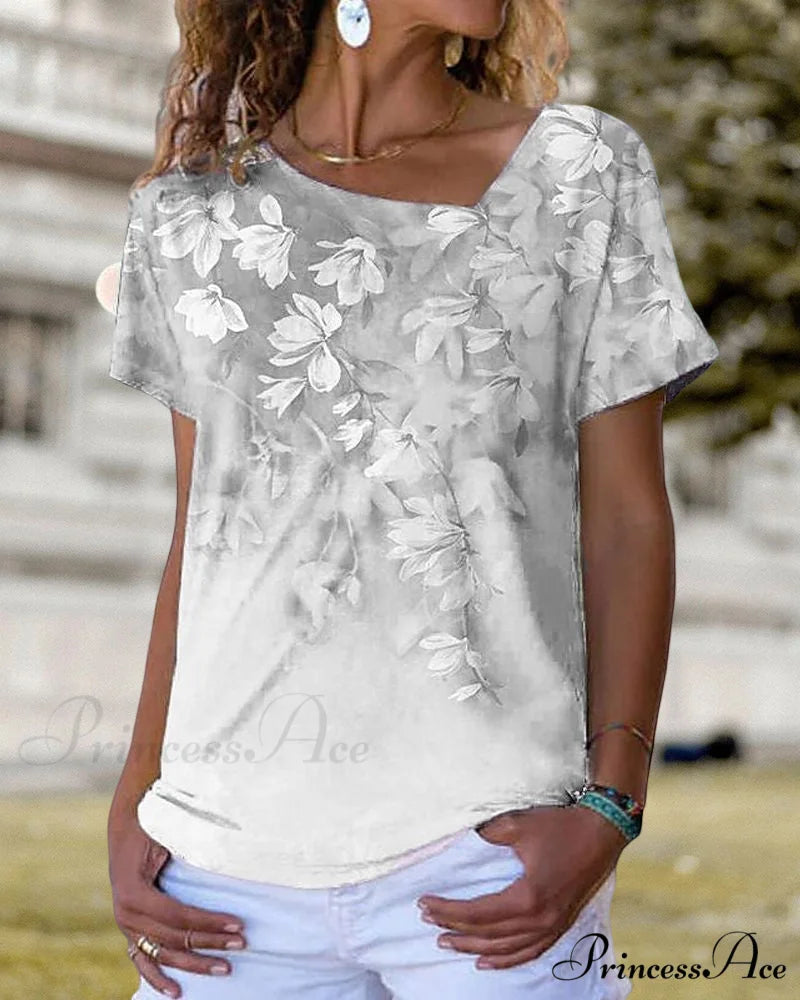 V-neck Design Flowered T-shirt Gray / S