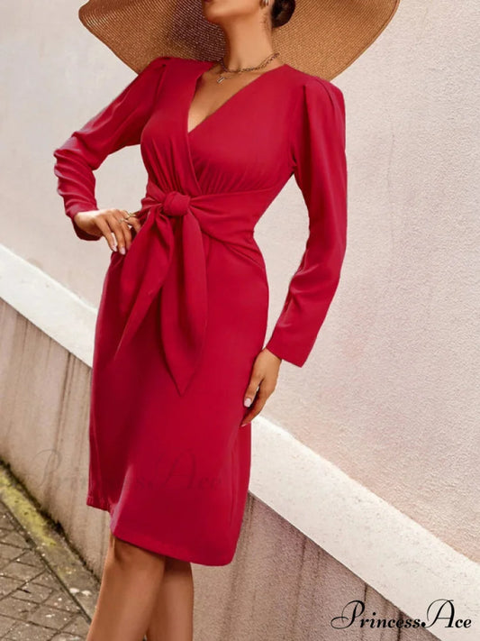V-neck dress belt waist mid-length solid women’s zipper color clothing