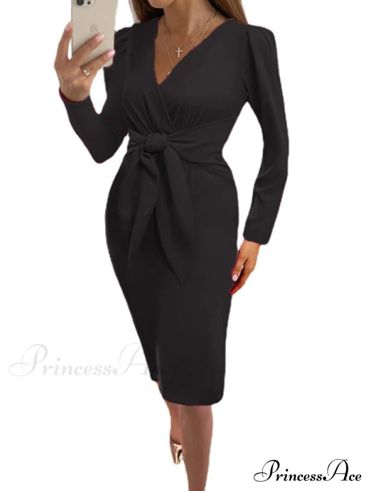 V-neck dress belt waist mid-length solid women’s zipper color clothing