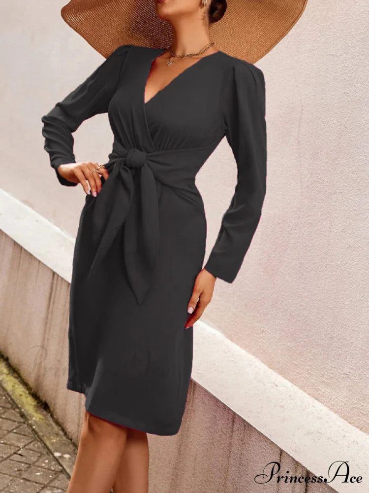 V-neck dress belt waist mid-length solid women’s zipper color clothing Black / S