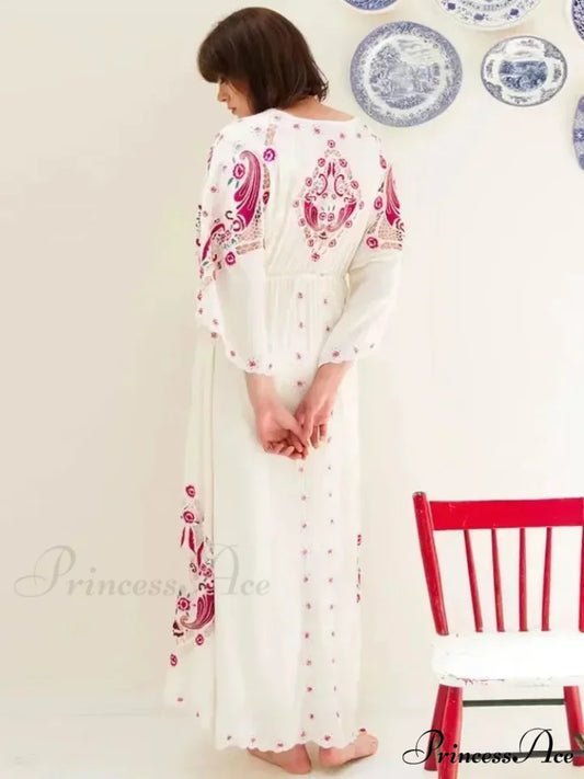 V Neck Embroidered Baggy Informal Cotton Boho Dress bohodress-250126