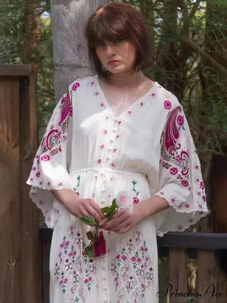 V Neck Embroidered Baggy Informal Cotton Boho Dress bohodress-250126