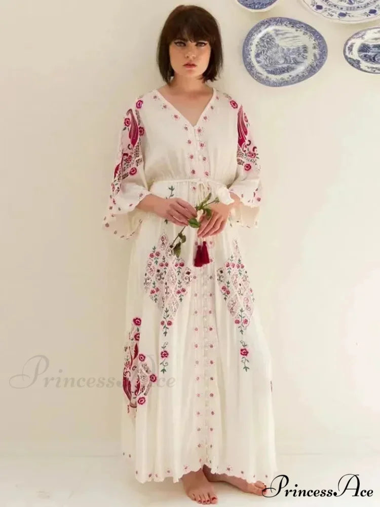 V Neck Embroidered Baggy Informal Cotton Boho Dress bohodress-250126