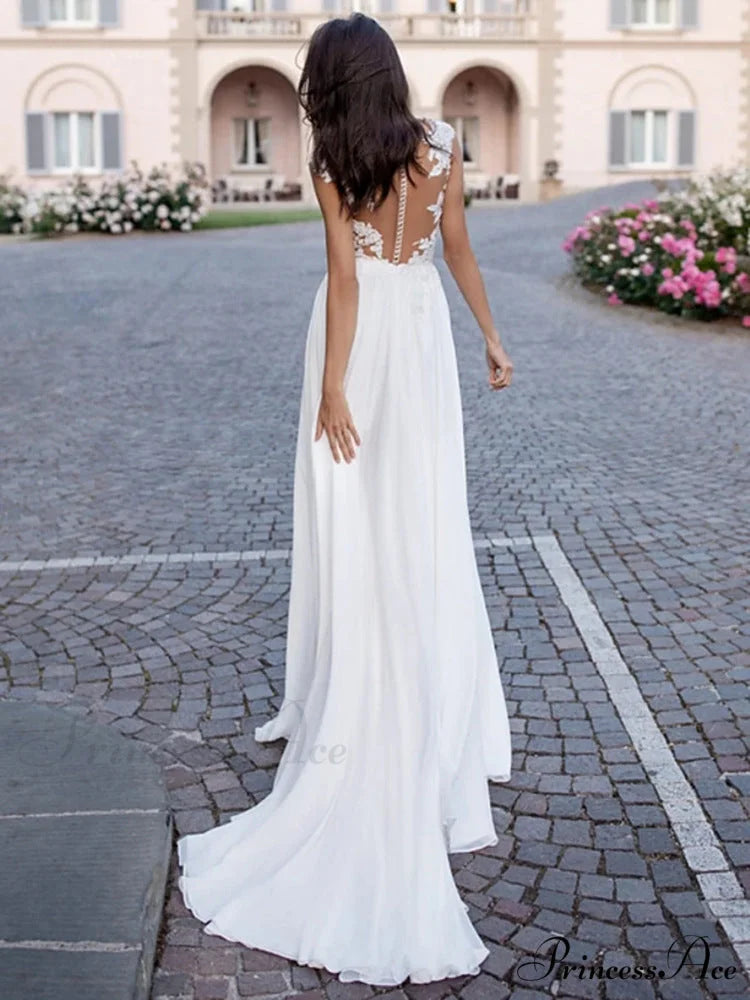 V-Neck Extended Sleeve Open-Back Bridal Gown lvory white / 2 weddingdress-250223