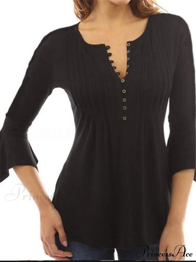 V-neck Flared Plain Folded in Blouse Arm Women’s Color Black / S