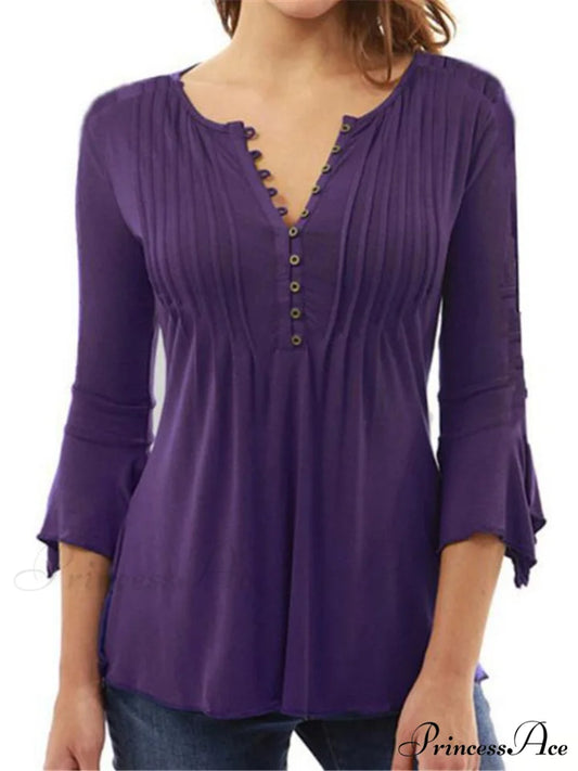 V-neck Flared Plain Folded in Blouse Arm Women’s Color Purple / S