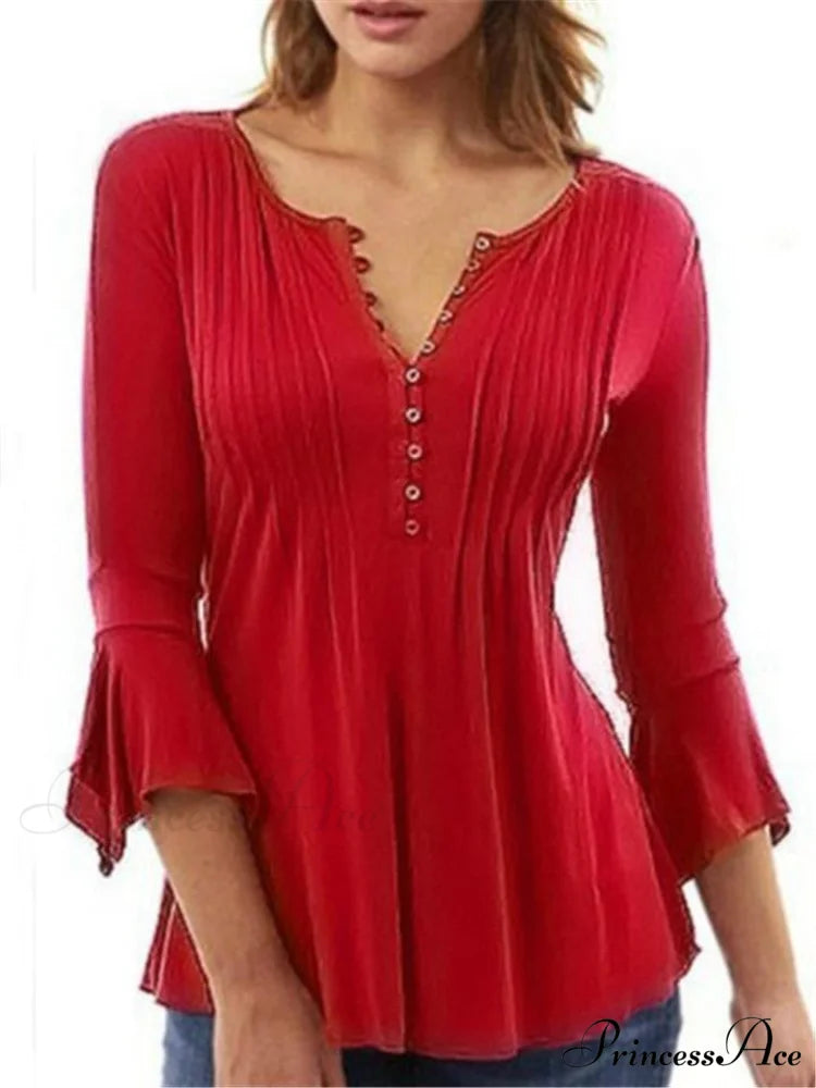 V-neck Flared Plain Folded in Blouse Arm Women’s Color Red / S