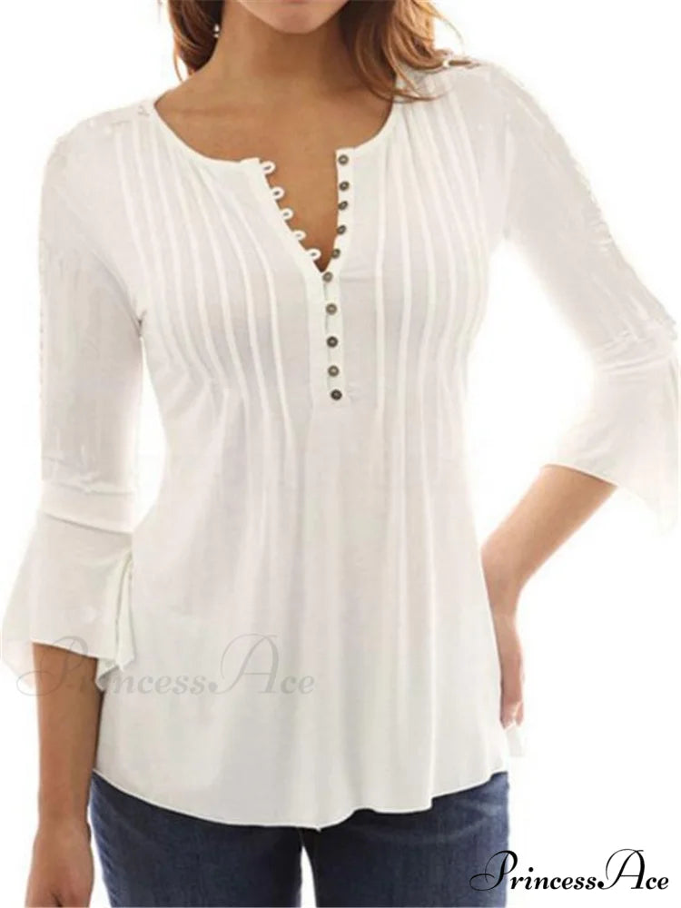 V-neck Flared Plain Folded in Blouse Arm Women’s Color White / S