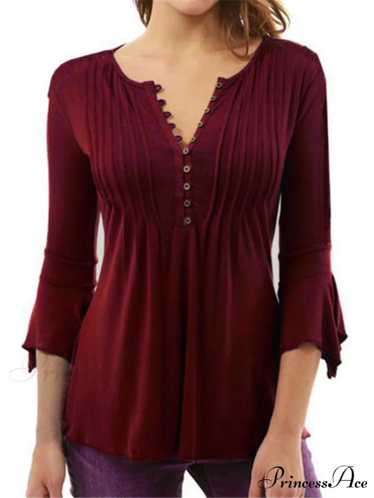 V-neck Flared Plain Folded in Blouse Arm Women’s Color Wine Red / S