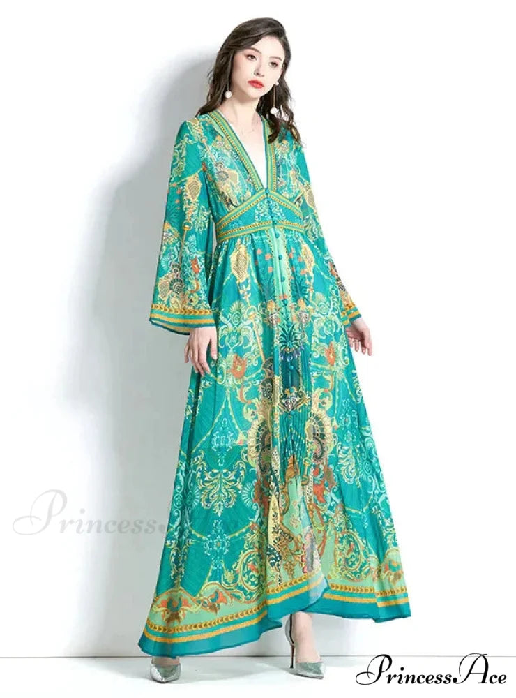 V-Neck Flared Sleeve Printed Dress with Long Sleeves