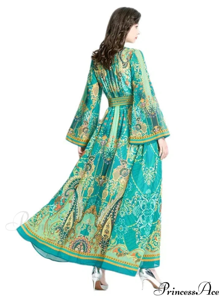 V-Neck Flared Sleeve Printed Dress with Long Sleeves