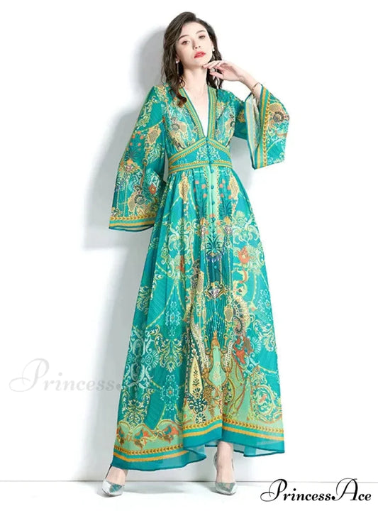 V-Neck Flared Sleeve Printed Dress with Long Sleeves