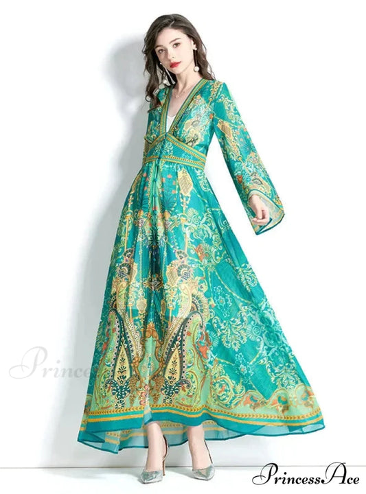 V-Neck Flared Sleeve Printed Dress with Long Sleeves
