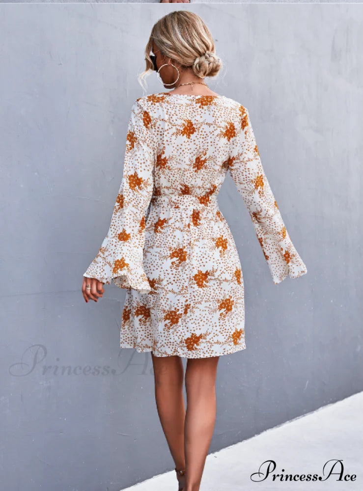 V-Neck Flared Sleeve Printed Strap Dress L / apricot