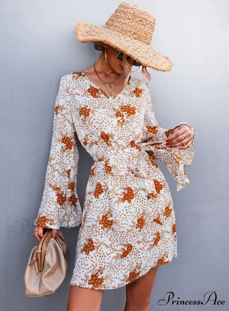 V-Neck Flared Sleeve Printed Strap Dress L / green