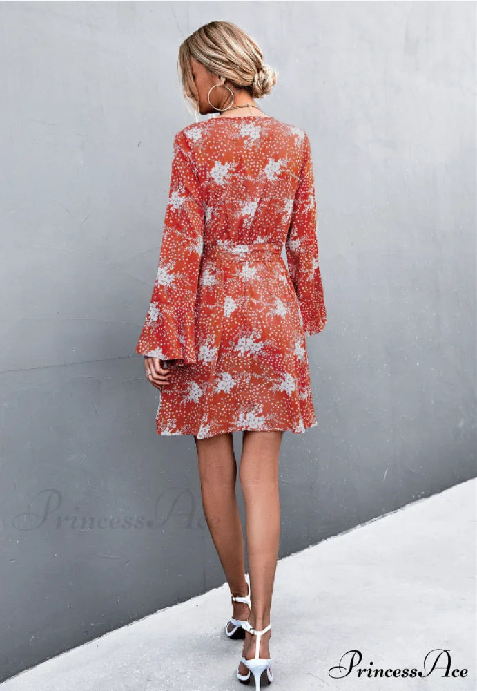 V-Neck Flared Sleeve Printed Strap Dress M / apricot