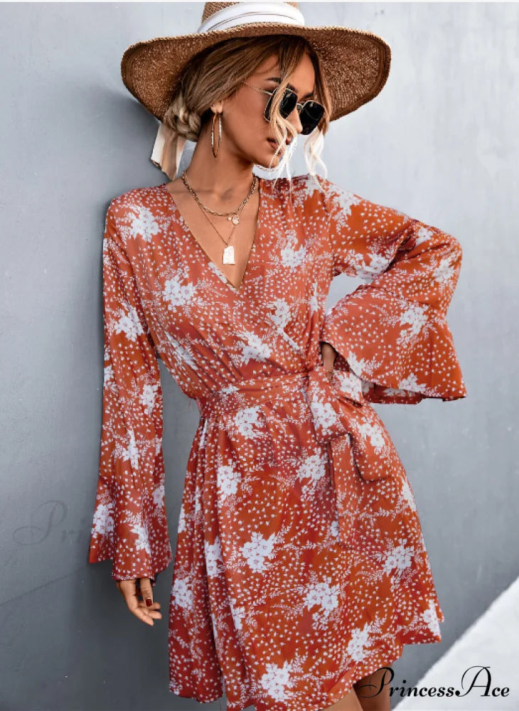V-Neck Flared Sleeve Printed Strap Dress S / apricot