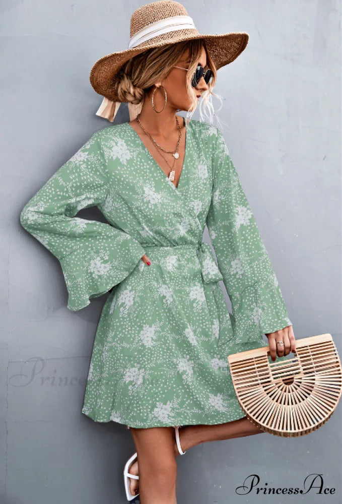 V-Neck Flared Sleeve Printed Strap Dress XL / apricot