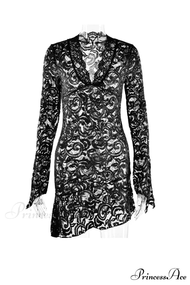 V Neck Flares Sleeve Lace Dress Black / S