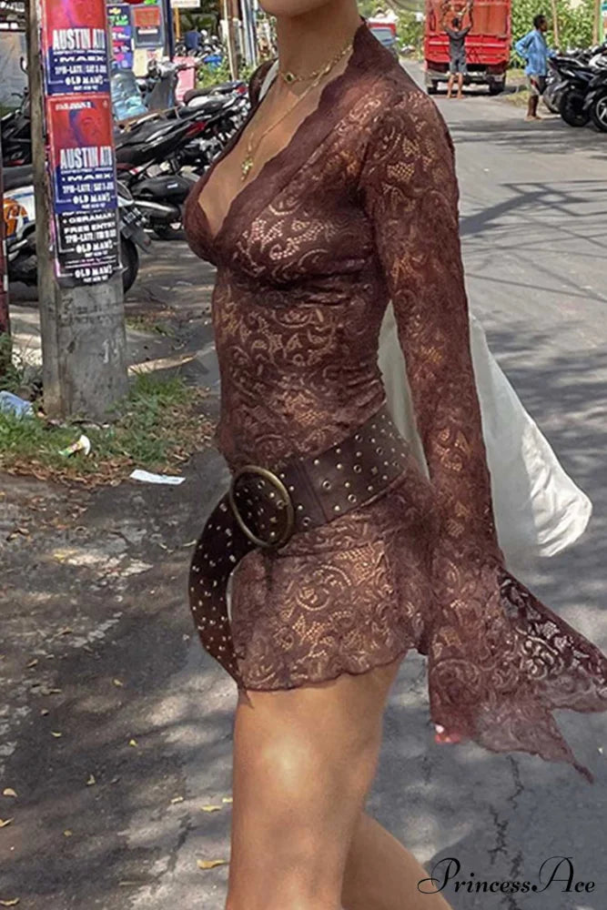 V Neck Flares Sleeve Lace Dress Brown / M