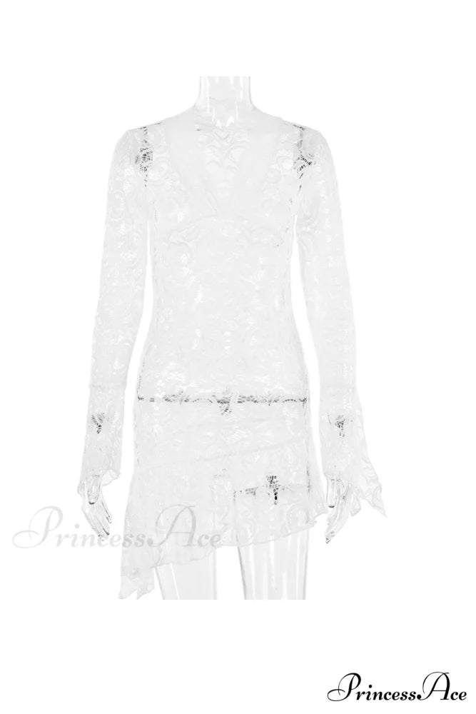 V Neck Flares Sleeve Lace Dress White / S
