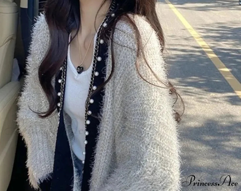 V-neck Fleece Thick Knitting Cardigan WHITE Fleece / S