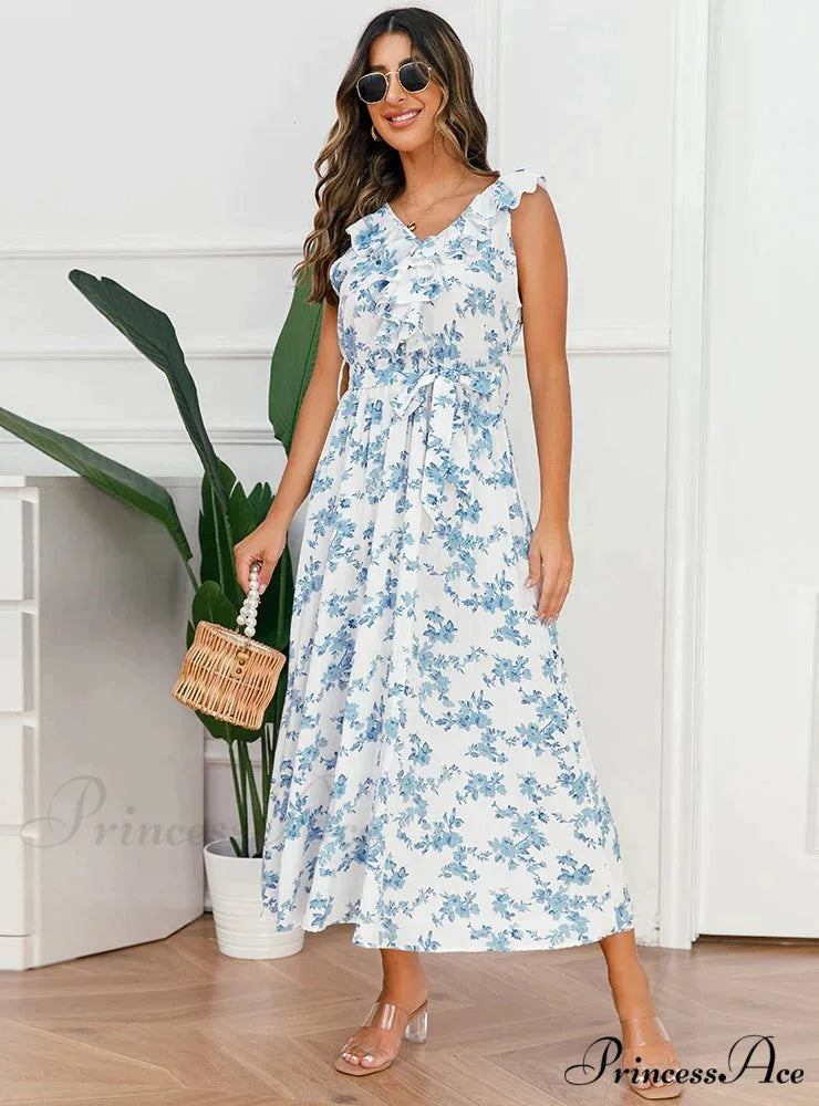V-Neck Floral Pleated Dress