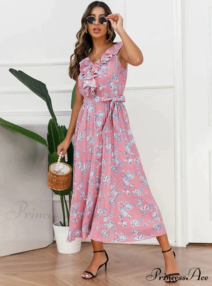V-Neck Floral Pleated Dress