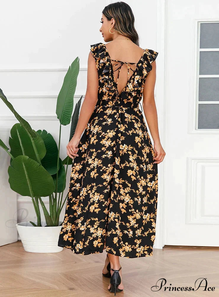V-Neck Floral Pleated Dress